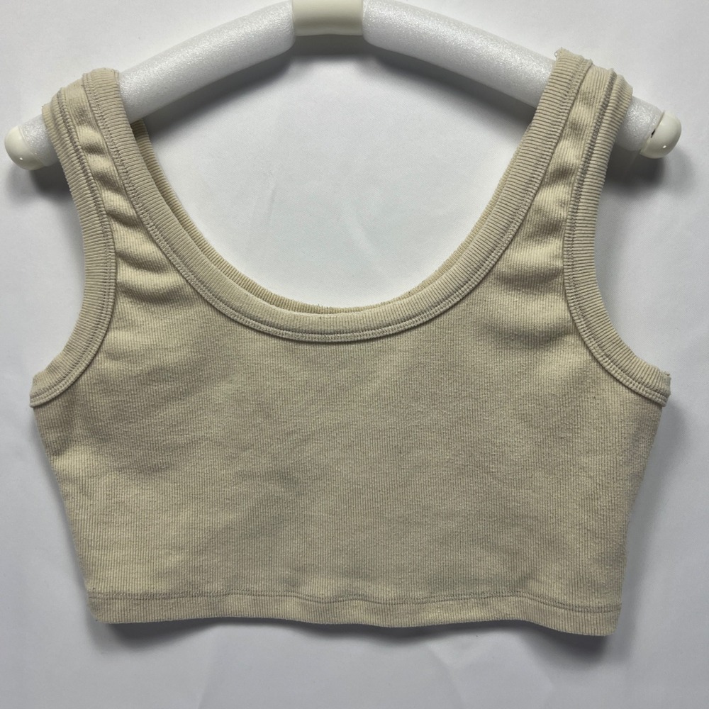 Signature 8 Womens Beige Ribbed Crop Tank Top Scoop Neck Size Large 11451